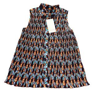 Wildfang Empower Boxy Plisse Pleated Sleeveless Button Up Shirt Abstract Medium